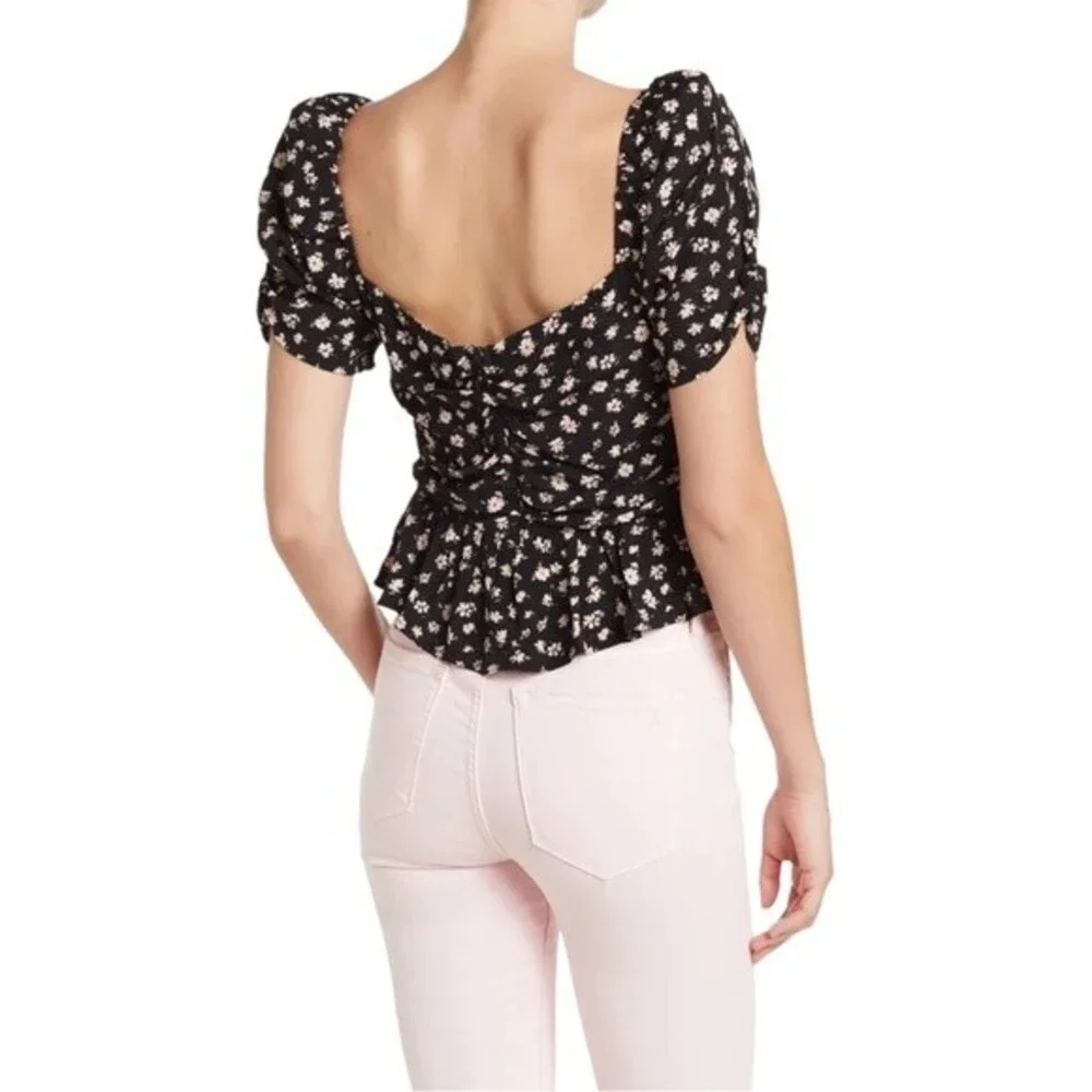 NWT ASTR Sweetheart Puff Sleeve Black & Pink Floral Ruched Top Size Large NEW